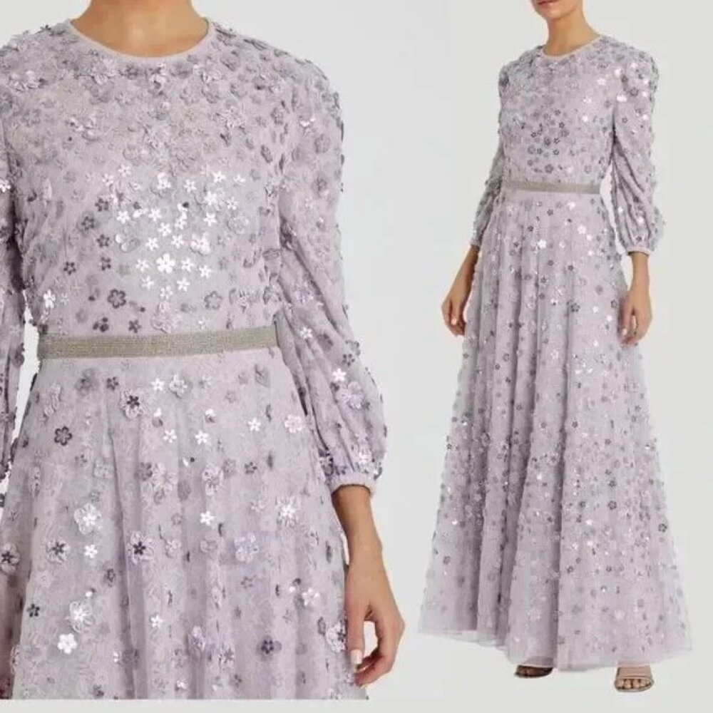 NWT Mac Duggal 93805 Purple Floral Applique Puff Sleeve High Neck A-Line Gown 14